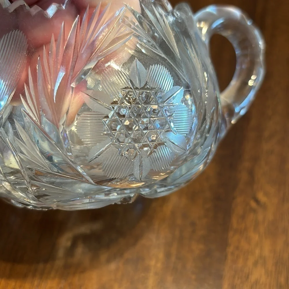 Antique Creamer & Sugar Bowl‎ AB Brilliant Heavy Cut Crystal Saw Tooth Hobstar